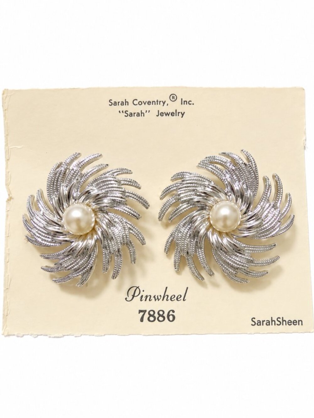 Vintage Sarah Coventry Pinwheel 7886 Silver Tone Pearl Clip On Earrings
